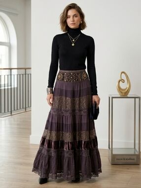 Le Chateau Vintage Brown Mix Media Lace Crashed Velvet Bohemian Zipper Side XL